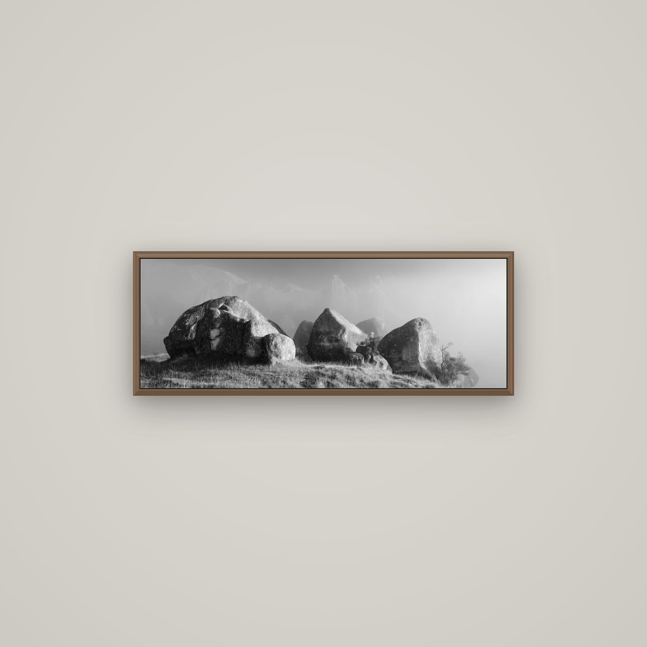 Sentinels in the Mist, Castle Hill, Basel Walnut, 85×30 cm. New Zealand fine art wall art by Stephen Milner.
