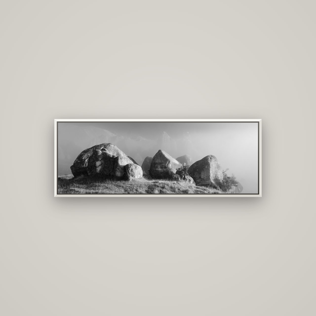 Sentinels in the Mist, Castle Hill — Basel White, 113×40 cm. New Zealand fine art wall art by Stephen Milner.