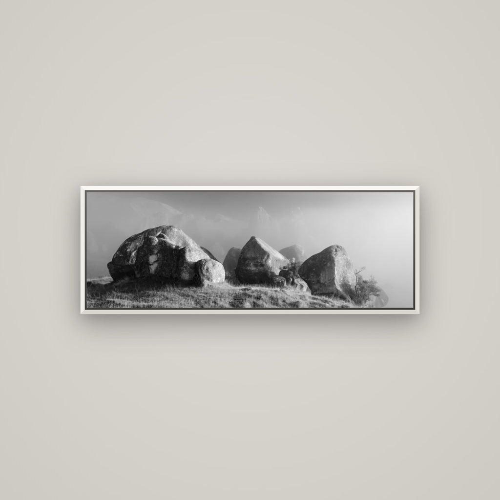 Sentinels in the Mist, Castle Hill — Basel White, 113×40 cm. New Zealand fine art wall art by Stephen Milner.