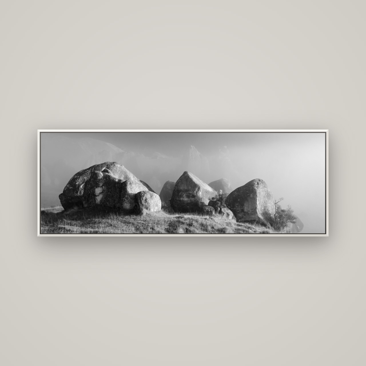 Sentinels in the Mist, Castle Hill — Basel White, 170×60 cm. New Zealand fine art wall art by Stephen Milner.