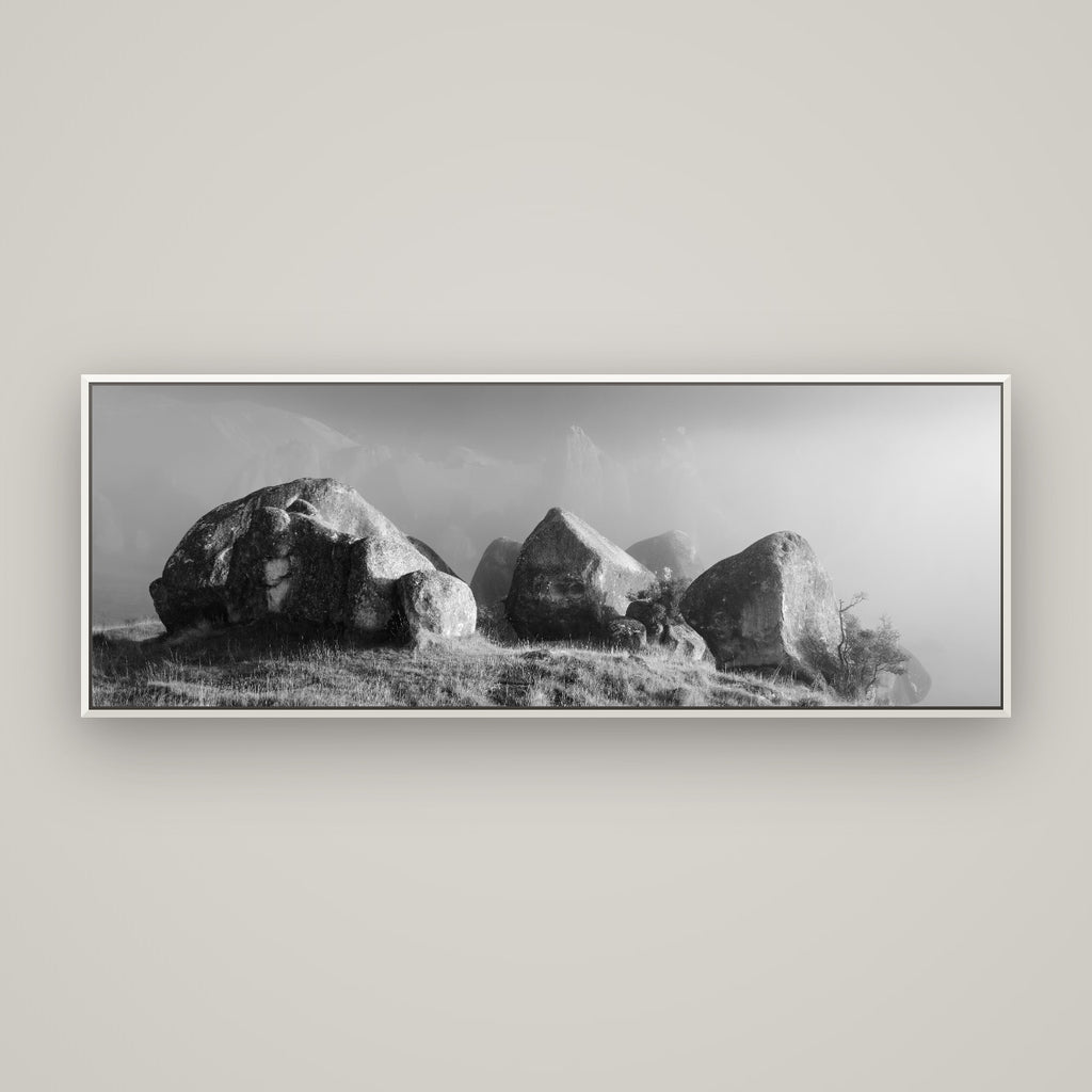Sentinels in the Mist, Castle Hill — Basel White, 170×60 cm. New Zealand fine art wall art by Stephen Milner.