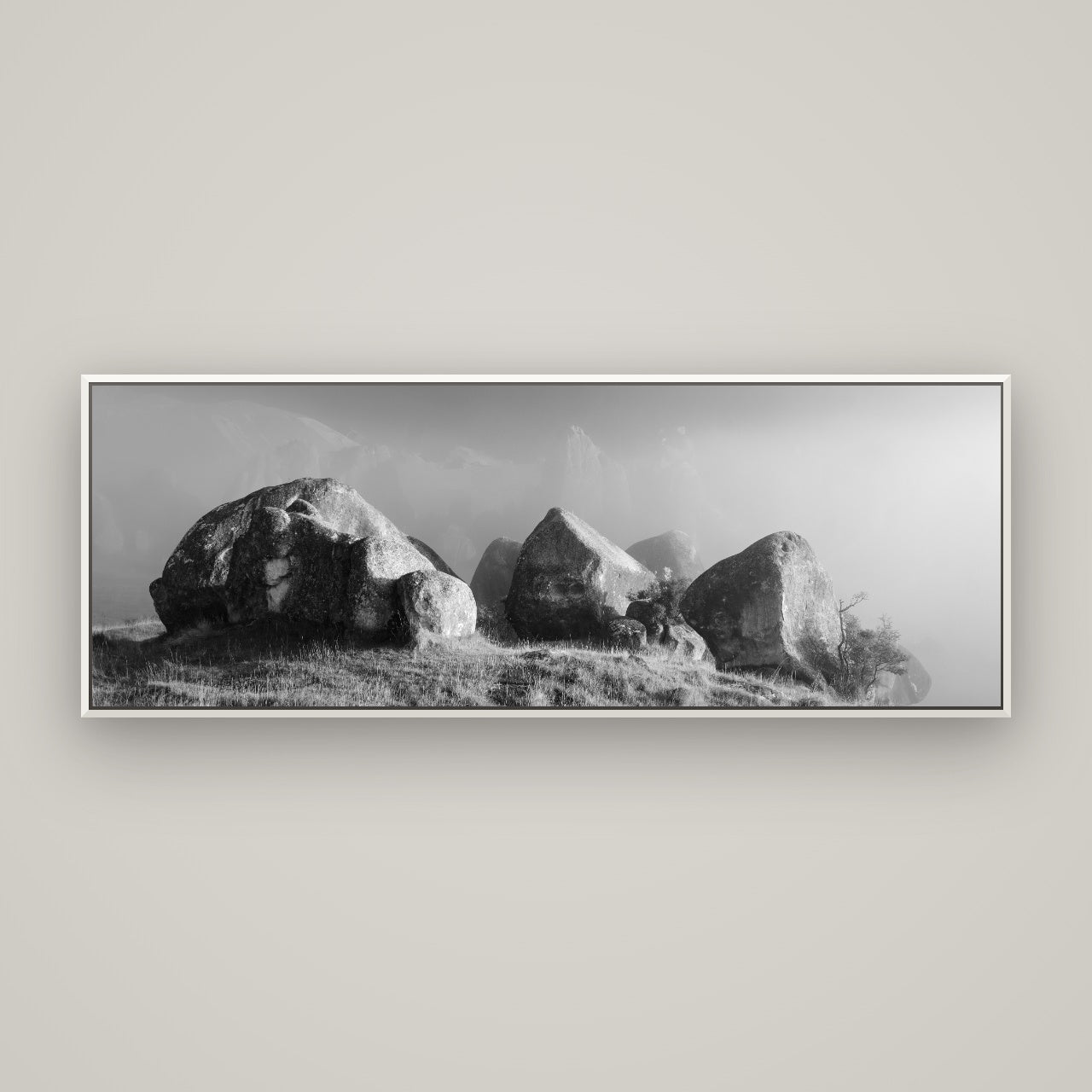 Sentinels in the Mist, Castle Hill — Basel White, 170×60 cm. New Zealand fine art wall art by Stephen Milner.