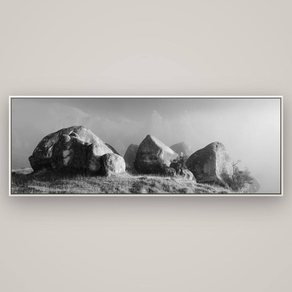 Sentinels in the Mist, Castle Hill — Basel White, 198×70 cm. New Zealand fine art wall art by Stephen Milner.