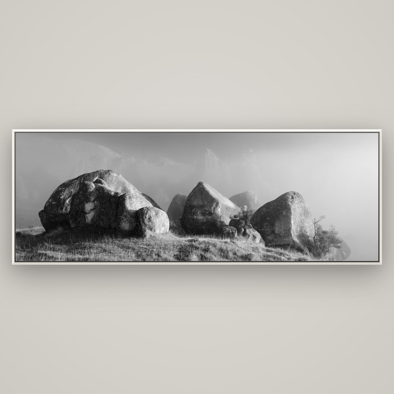 Sentinels in the Mist, Castle Hill — Basel White, 198×70 cm. New Zealand fine art wall art by Stephen Milner.