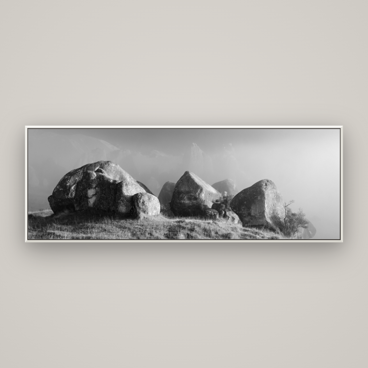 Sentinels in the Mist, Castle Hill — Basel White, 198×70 cm. New Zealand fine art wall art by Stephen Milner.