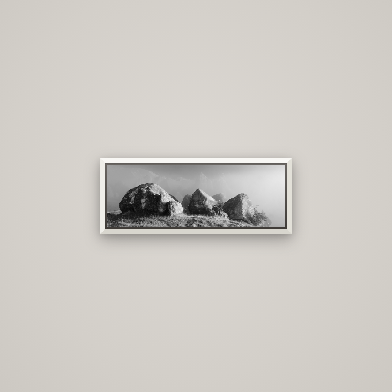 Sentinels in the Mist, Castle Hill — Basel White, 57×20 cm. New Zealand fine art wall art by Stephen Milner.