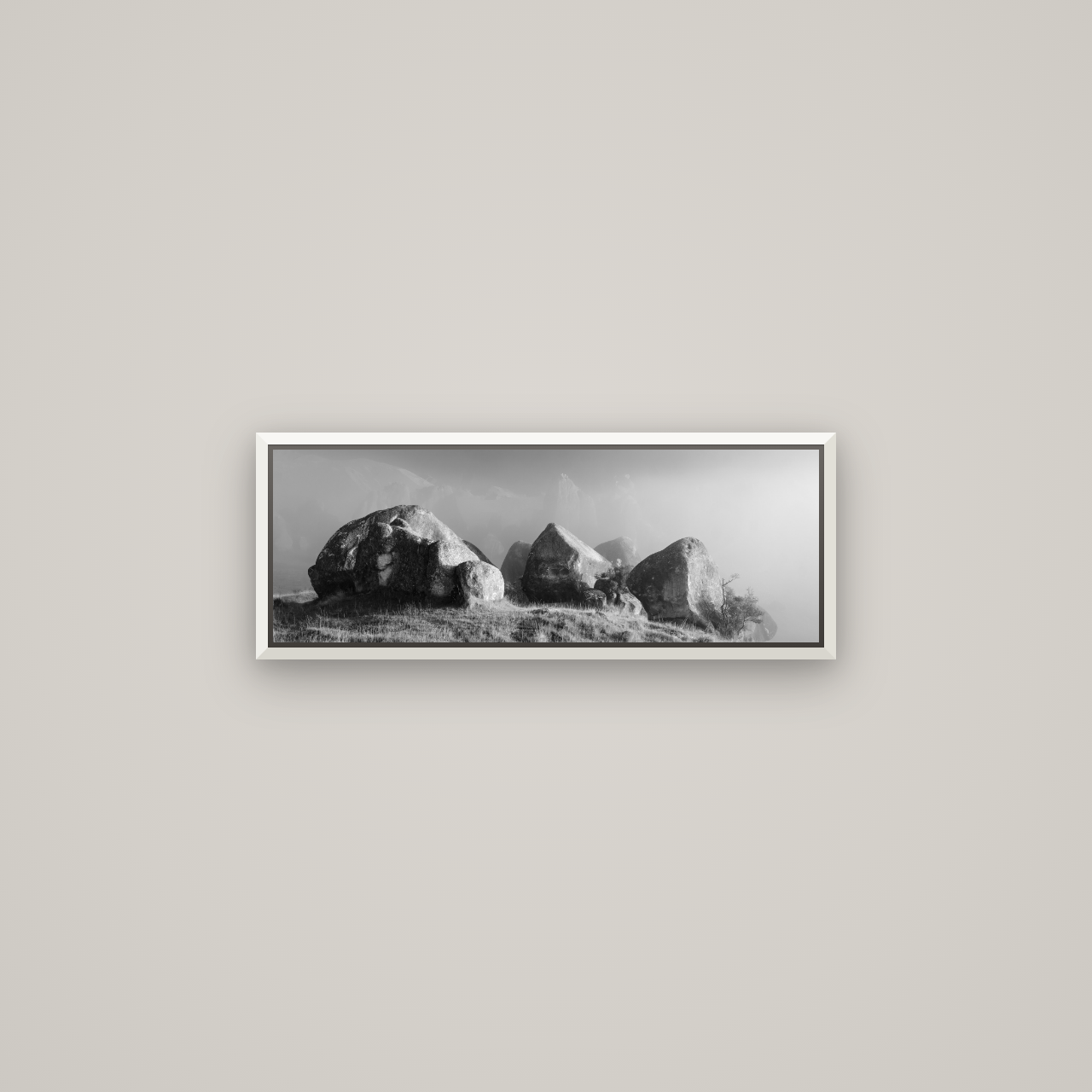 Sentinels in the Mist, Castle Hill — Basel White, 68×24 cm. New Zealand fine art wall art by Stephen Milner.