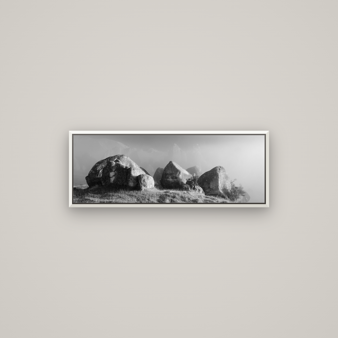 Sentinels in the Mist, Castle Hill — Basel White, 85×30 cm. New Zealand fine art wall art by Stephen Milner.