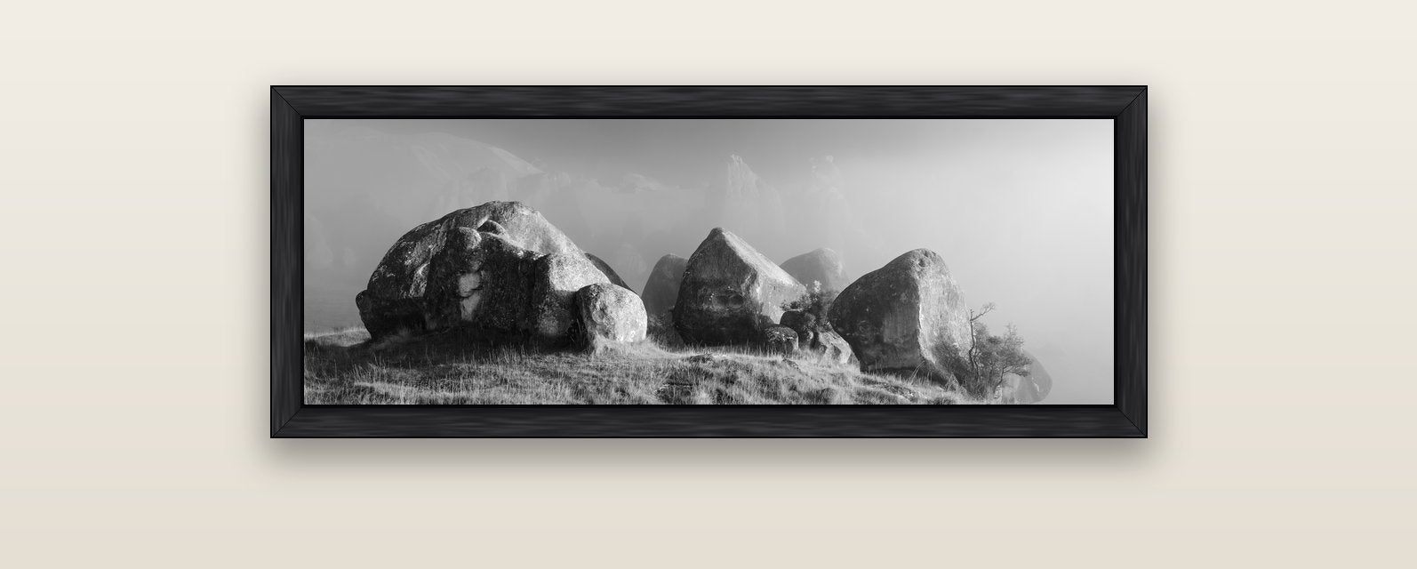 Sentinels in the Mist, Castle Hill — black float frame canvas, 102 × 36 cm. New Zealand fine art landscape wall art by Stephen Milner.