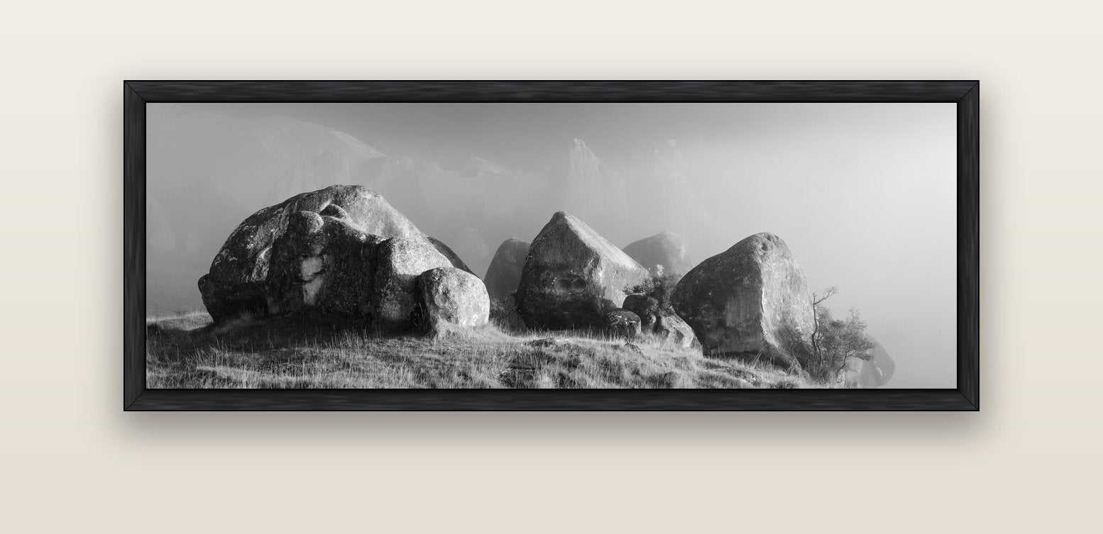 Sentinels in the Mist, Castle Hill — black float frame canvas, 152 × 56 cm. New Zealand fine art landscape wall art by Stephen Milner.