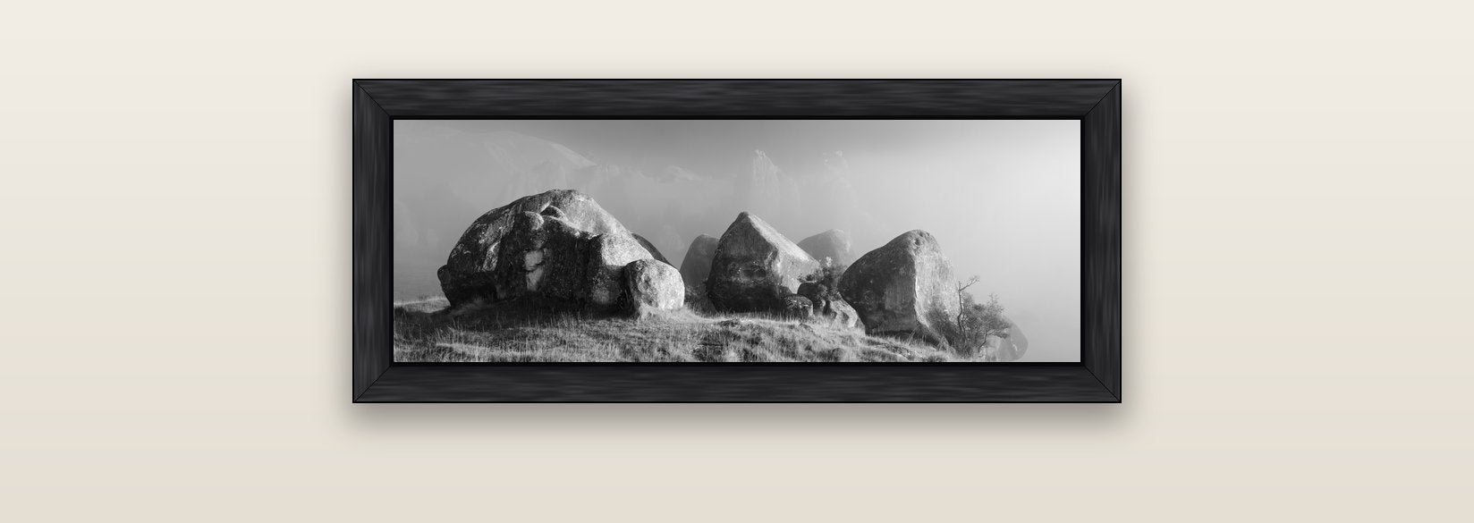 Sentinels in the Mist, Castle Hill — black float frame canvas, 71 × 25 cm. New Zealand fine art landscape wall art by Stephen Milner.