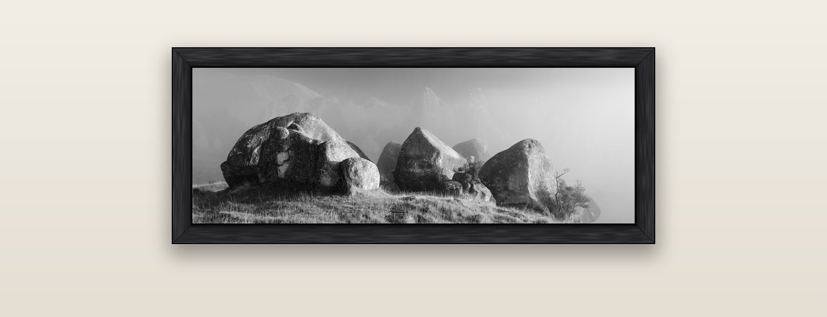 Sentinels in the Mist, Castle Hill — black float frame canvas, 91 × 31 cm. New Zealand fine art landscape wall art by Stephen Milner.