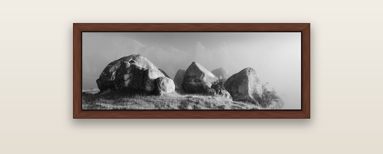 Sentinels in the Mist, Castle Hill — brown float frame canvas, 102 × 36 cm. New Zealand fine art landscape wall art by Stephen Milner.