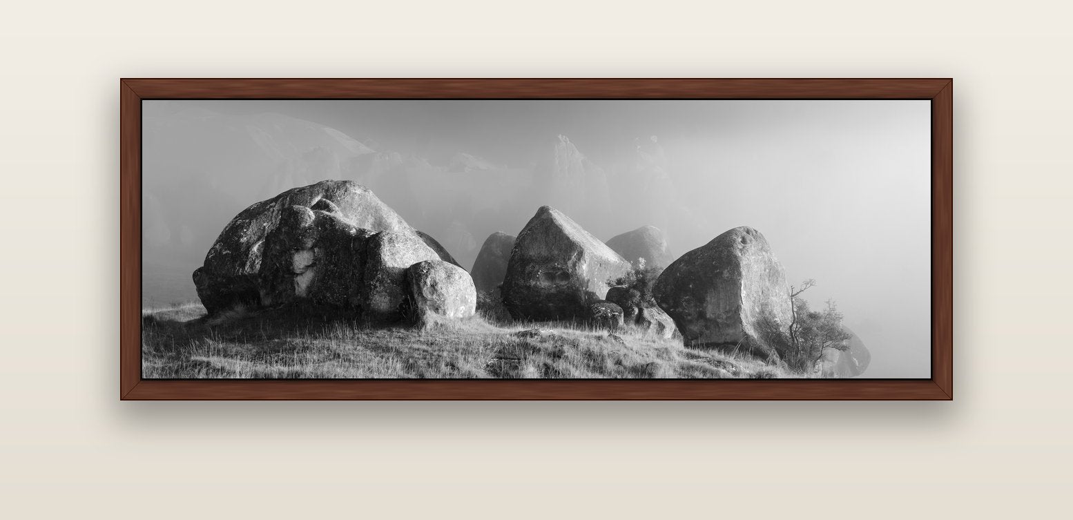 Sentinels in the Mist, Castle Hill — brown float frame canvas, 152 × 56 cm. New Zealand fine art landscape wall art by Stephen Milner.