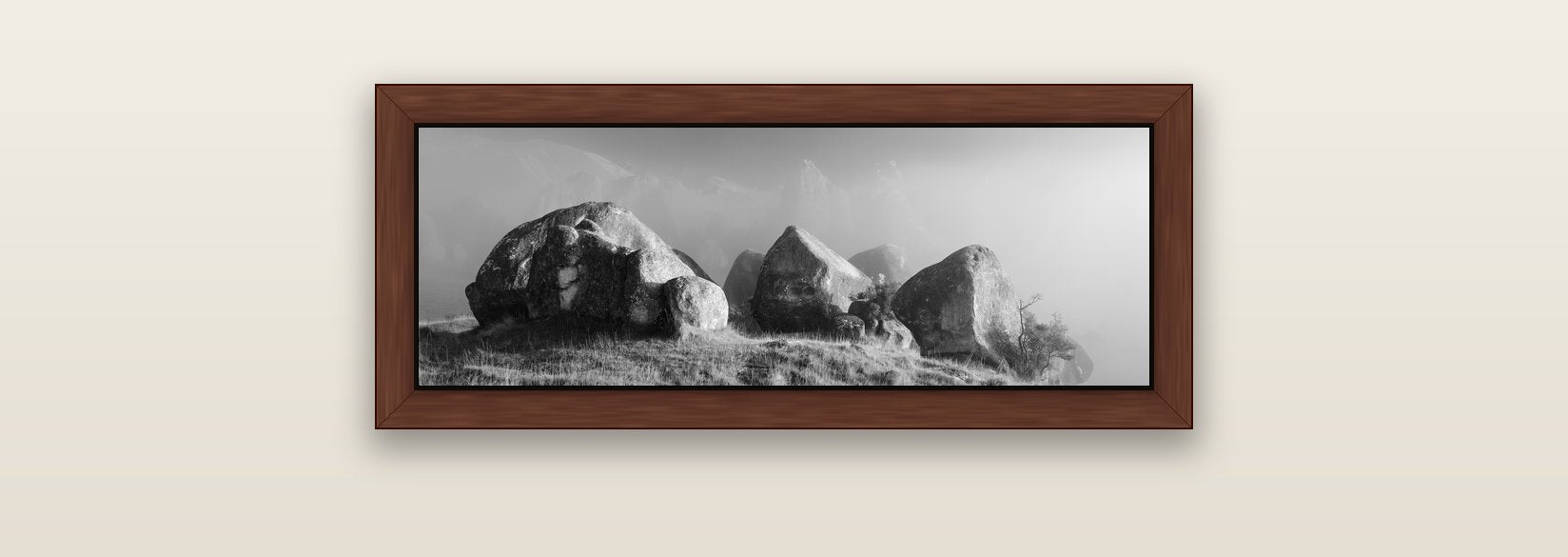 Sentinels in the Mist, Castle Hill — brown float frame canvas, 71 × 25 cm. New Zealand fine art landscape wall art by Stephen Milner.