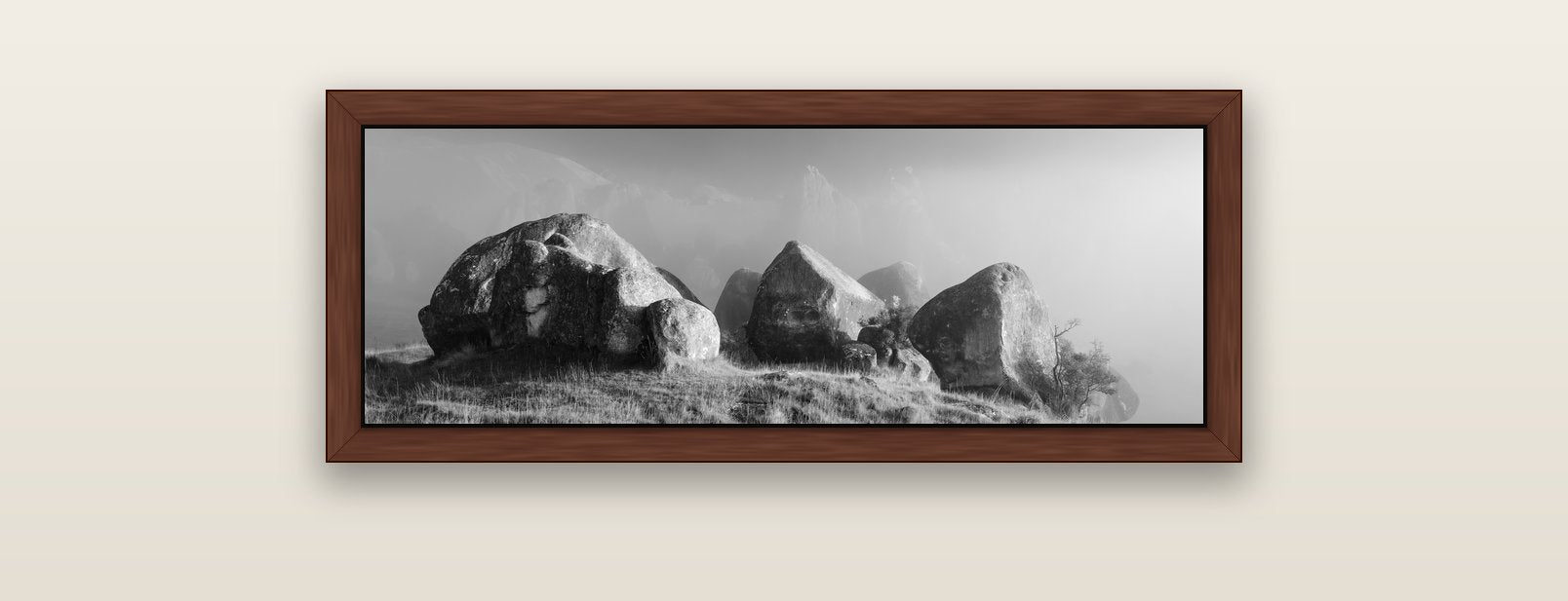 Sentinels in the Mist, Castle Hill — brown float frame canvas, 91 × 31 cm. New Zealand fine art landscape wall art by Stephen Milner.
