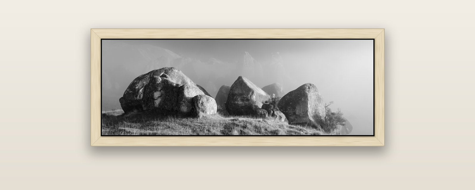 Sentinels in the Mist, Castle Hill — natural float frame canvas, 102 × 36 cm. New Zealand fine art landscape wall art by Stephen Milner.