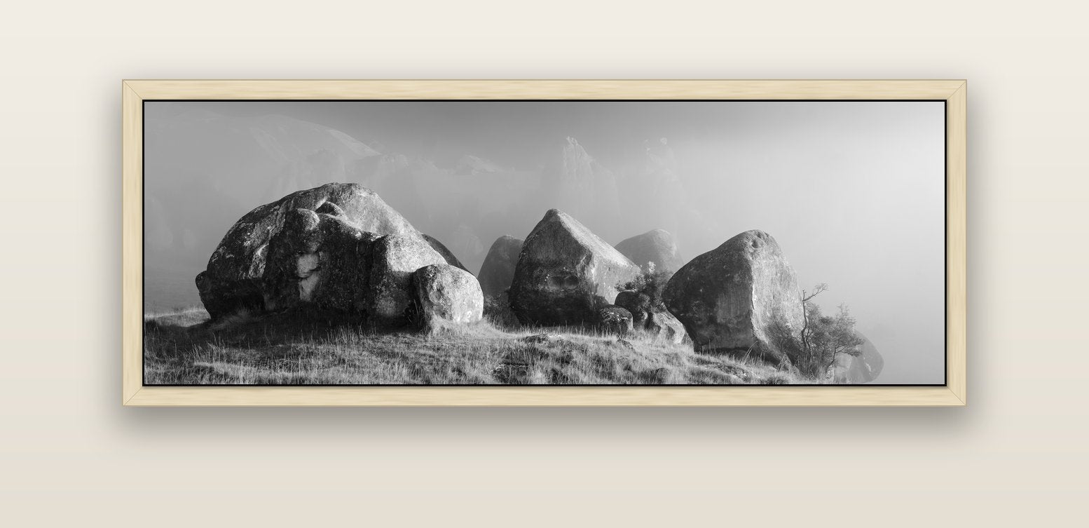 Sentinels in the Mist, Castle Hill — natural float frame canvas, 152 × 56 cm. New Zealand fine art landscape wall art by Stephen Milner.