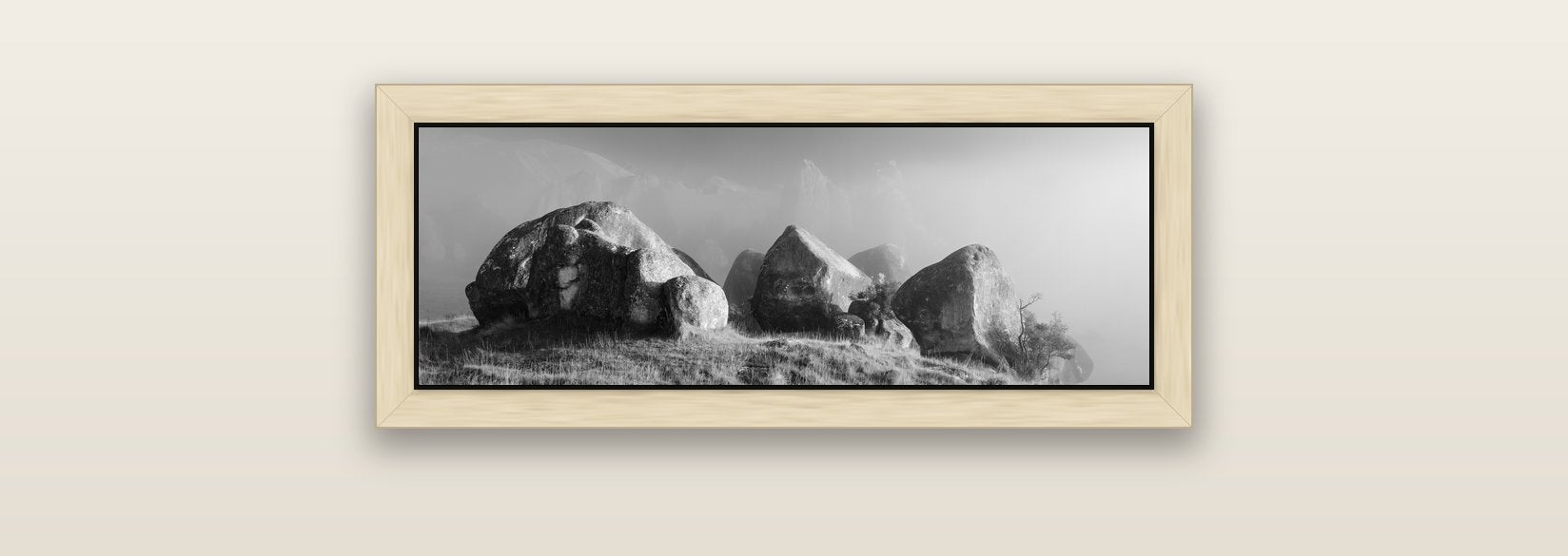 Sentinels in the Mist, Castle Hill — natural float frame canvas, 71 × 25 cm. New Zealand fine art landscape wall art by Stephen Milner.