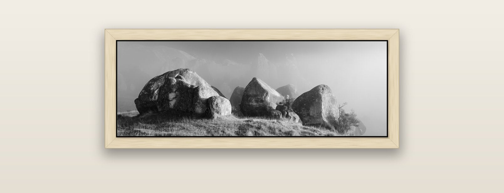 Sentinels in the Mist, Castle Hill — natural float frame canvas, 91 × 31 cm. New Zealand fine art landscape wall art by Stephen Milner.