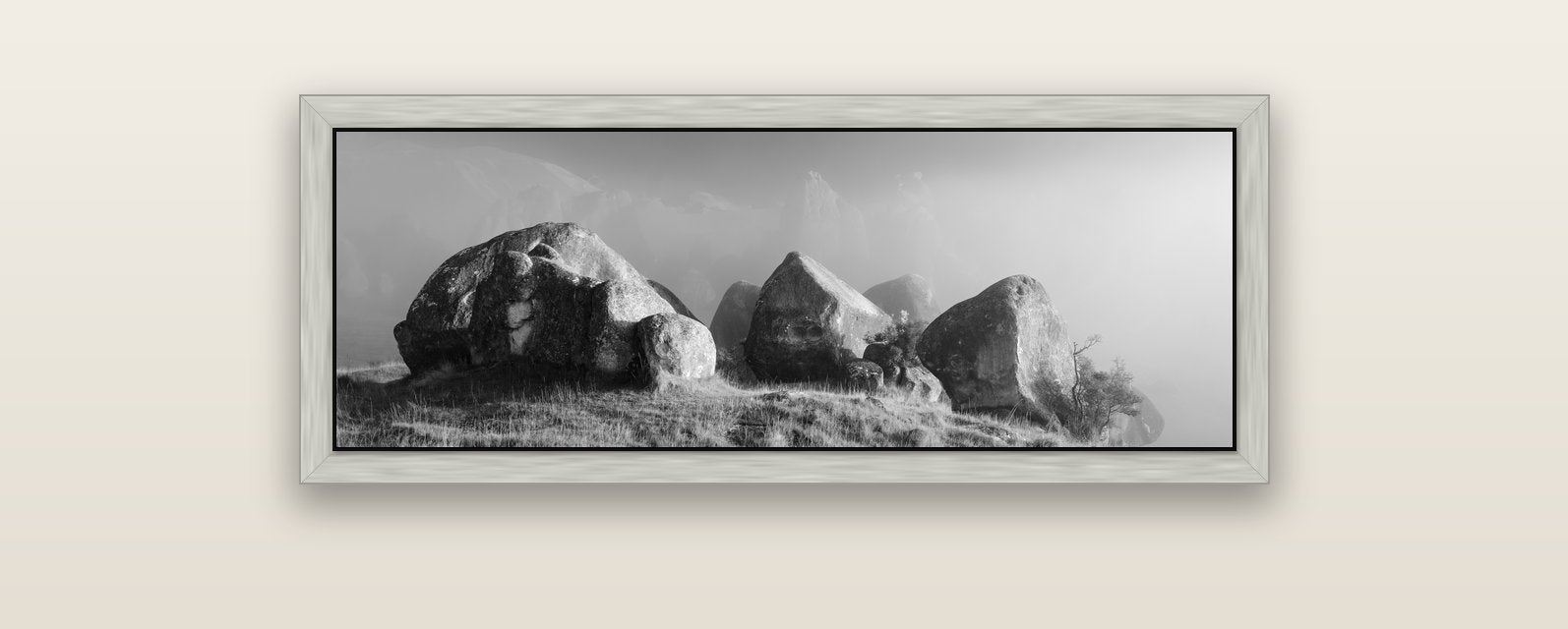 Sentinels in the Mist, Castle Hill — silver float frame canvas, 102 × 36 cm. New Zealand fine art landscape wall art by Stephen Milner.