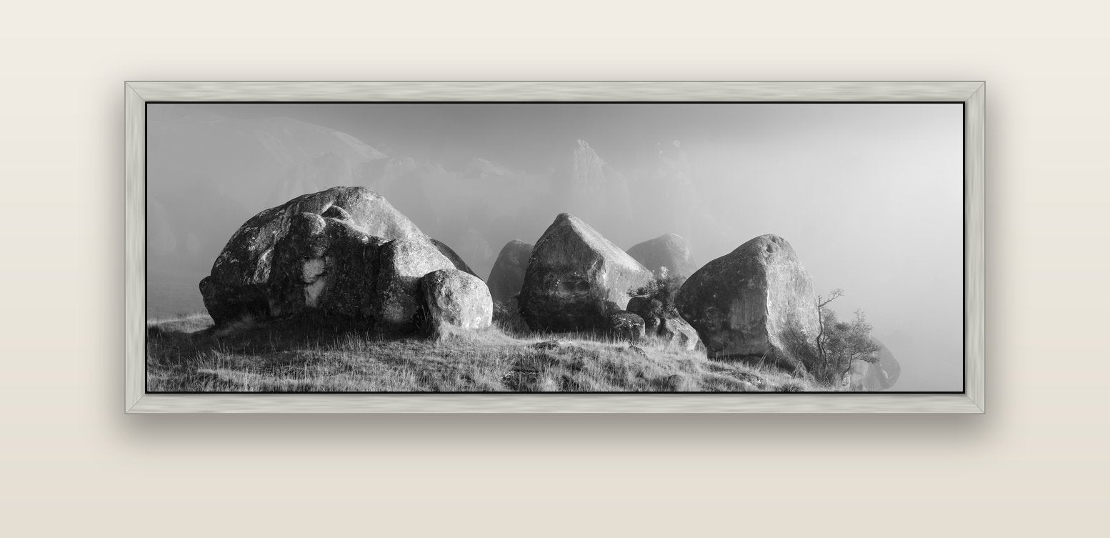 Sentinels in the Mist, Castle Hill — silver float frame canvas, 152 × 56 cm. New Zealand fine art landscape wall art by Stephen Milner.