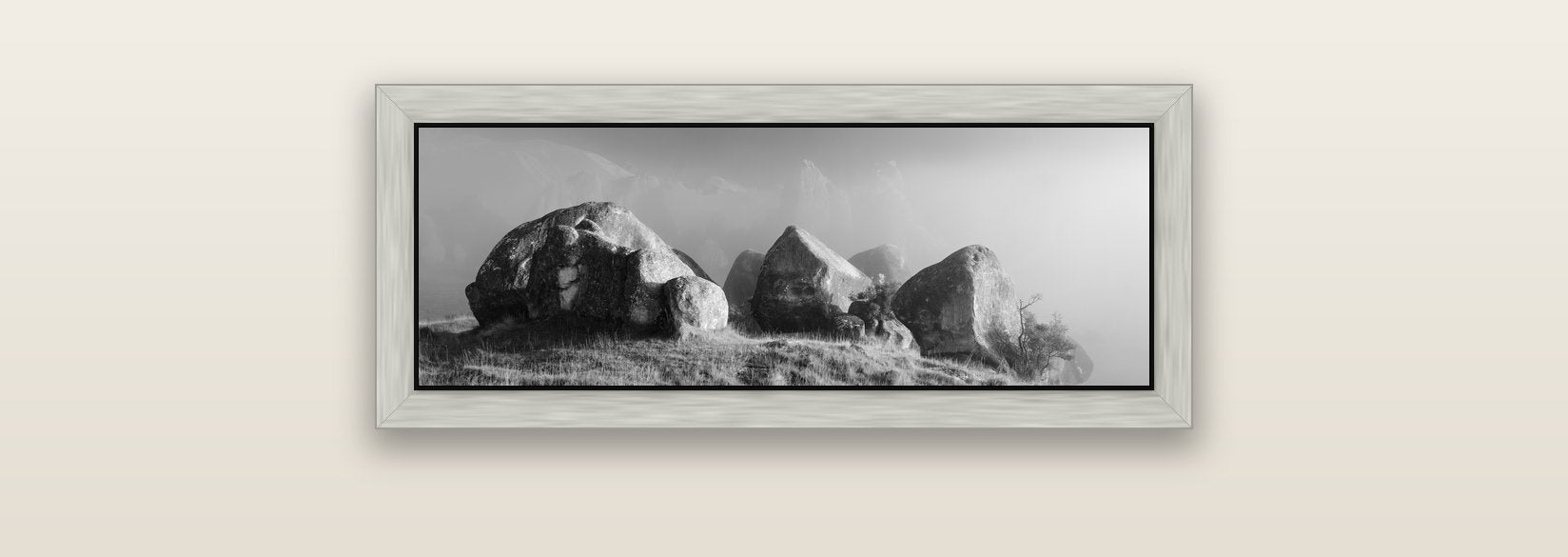 Sentinels in the Mist, Castle Hill — silver float frame canvas, 71 × 25 cm. New Zealand fine art landscape wall art by Stephen Milner.