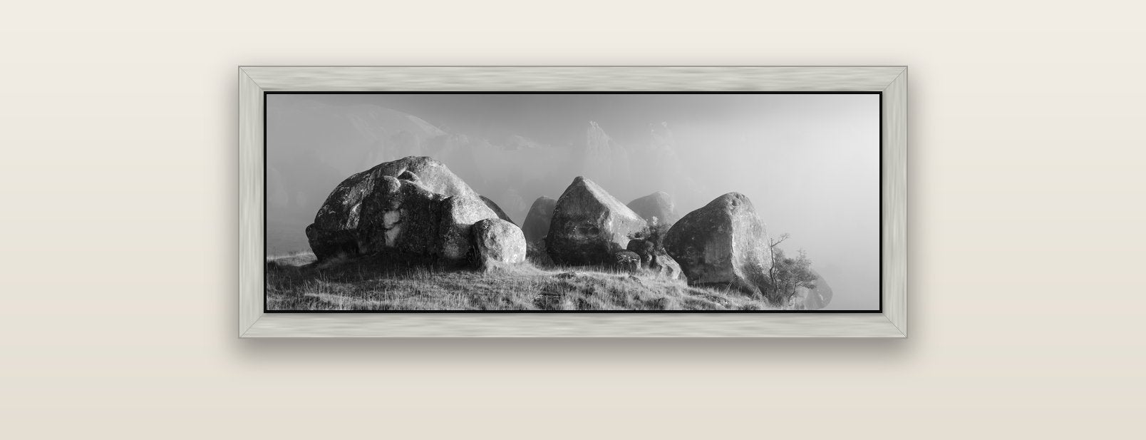 Sentinels in the Mist, Castle Hill — silver float frame canvas, 91 × 31 cm. New Zealand fine art landscape wall art by Stephen Milner.