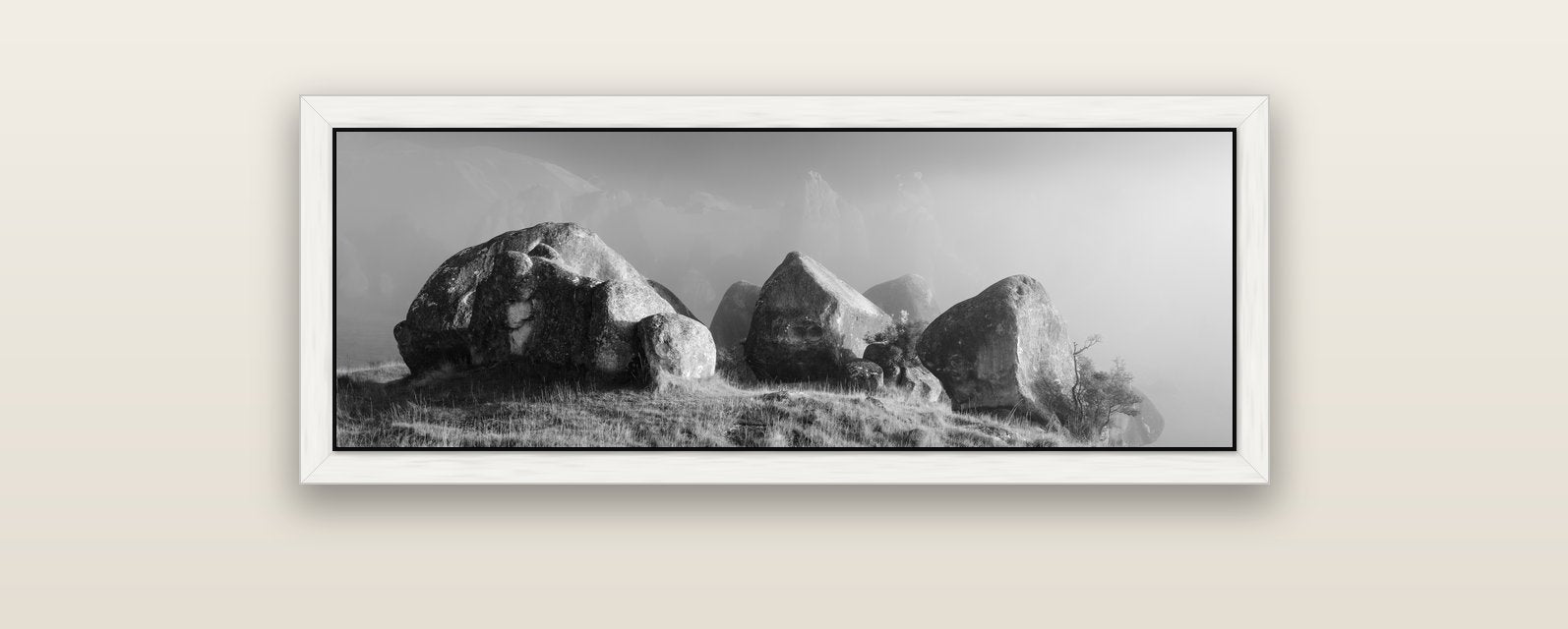 Sentinels in the Mist, Castle Hill — white float frame canvas, 102 × 36 cm. New Zealand fine art landscape wall art by Stephen Milner.