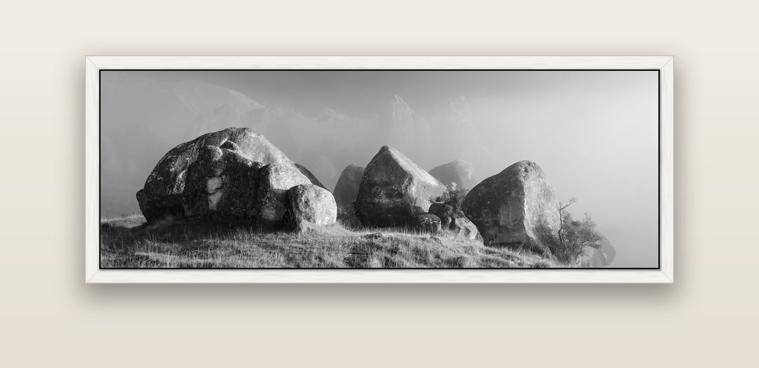 Sentinels in the Mist, Castle Hill — white float frame canvas, 152 × 56 cm. New Zealand fine art landscape wall art by Stephen Milner.