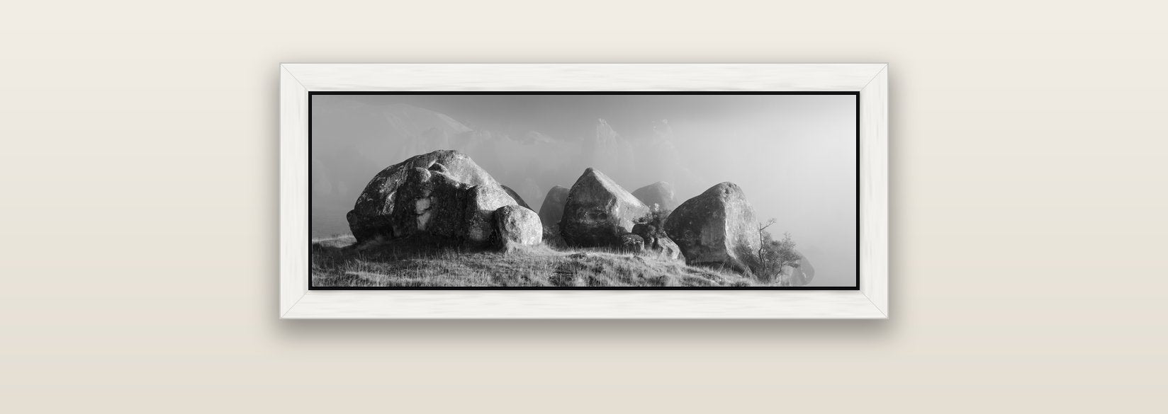 Sentinels in the Mist, Castle Hill — white float frame canvas, 71 × 25 cm. New Zealand fine art landscape wall art by Stephen Milner.