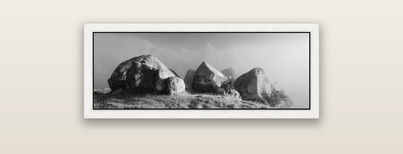 Sentinels in the Mist, Castle Hill — white float frame canvas, 91 × 31 cm. New Zealand fine art landscape wall art by Stephen Milner.