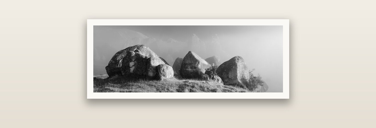 Sentinels in the Mist, Castle Hill — Hahnemühle fine art print, 76 × 25 cm. New Zealand fine art landscape photography by Stephen Milner.