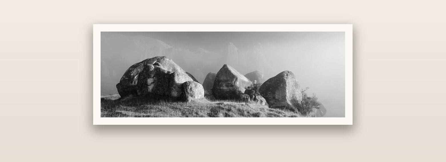 Sentinels in the Mist, Castle Hill — Hahnemühle fine art print, 90 × 30 cm. New Zealand fine art landscape photography by Stephen Milner.