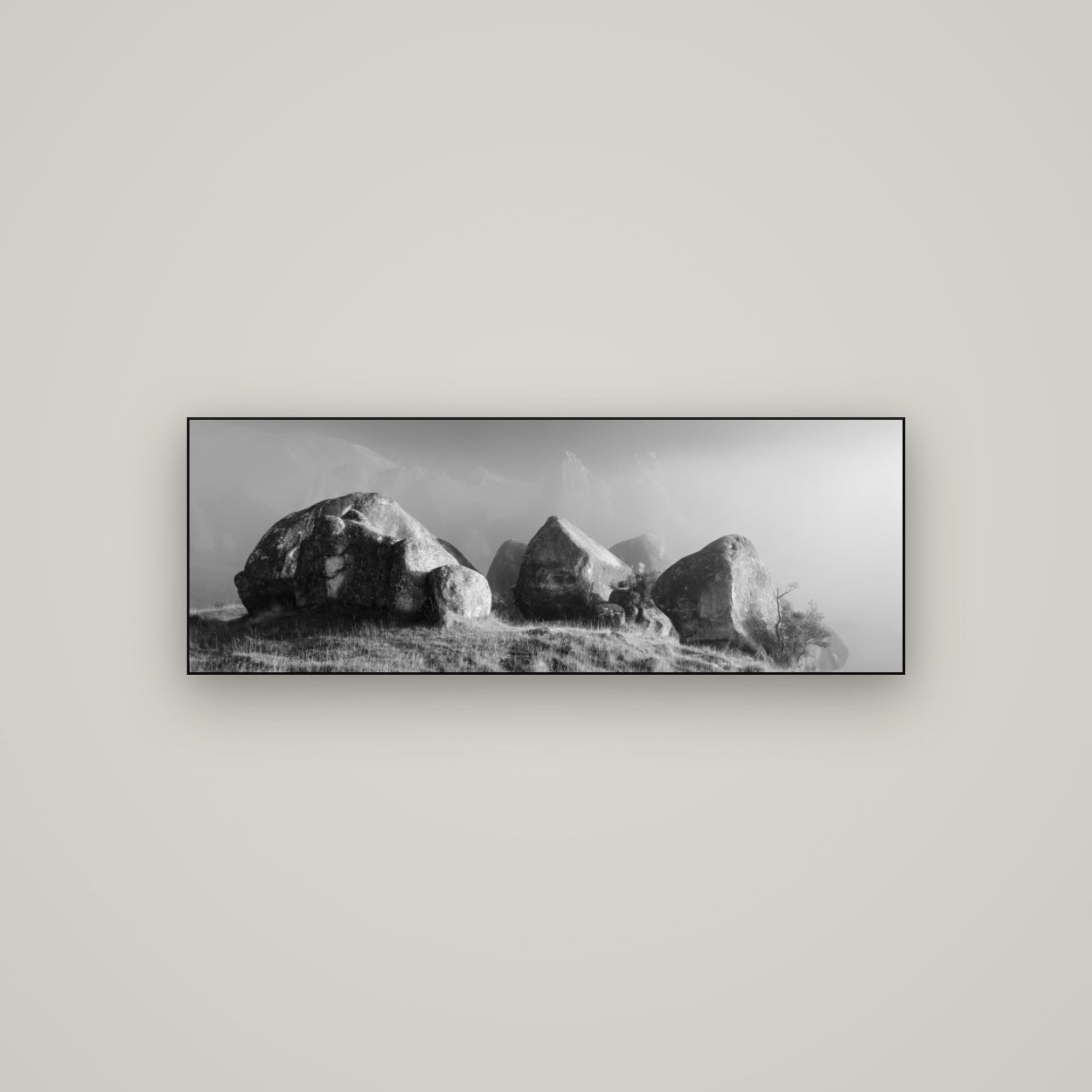 Sentinels in the Mist, Castle Hill — Slimline Black, 113×40 cm. New Zealand fine art wall art by Stephen Milner.