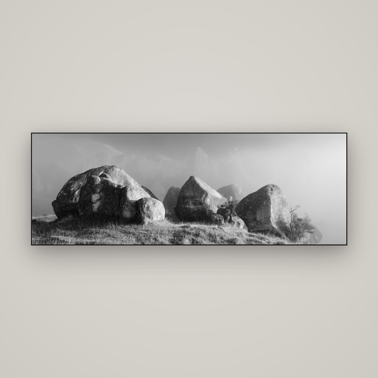 Sentinels in the Mist, Castle Hill — Slimline Black, 170×60 cm. New Zealand fine art wall art by Stephen Milner.