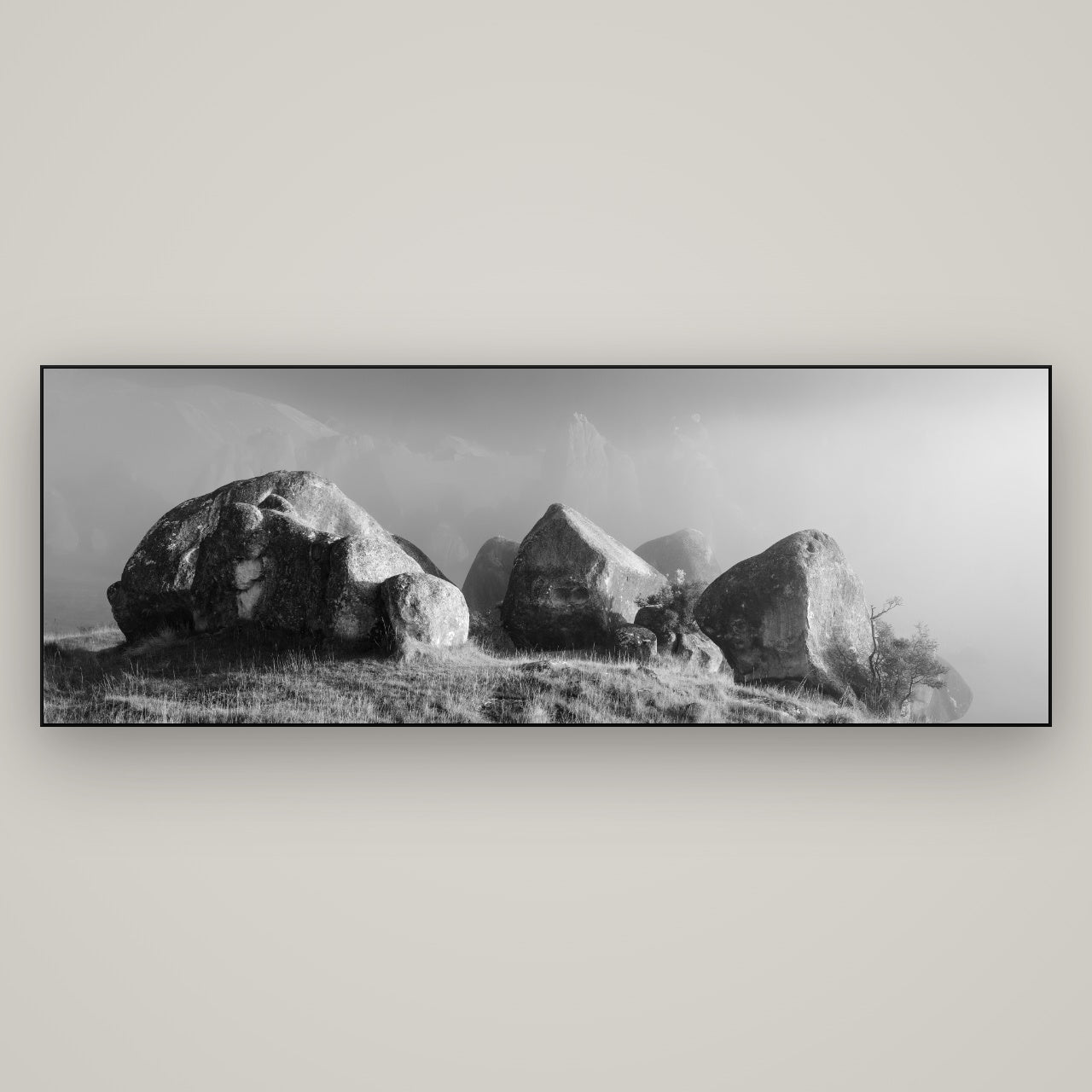 Sentinels in the Mist, Castle Hill — Slimline Black, 198×70 cm. New Zealand fine art wall art by Stephen Milner.