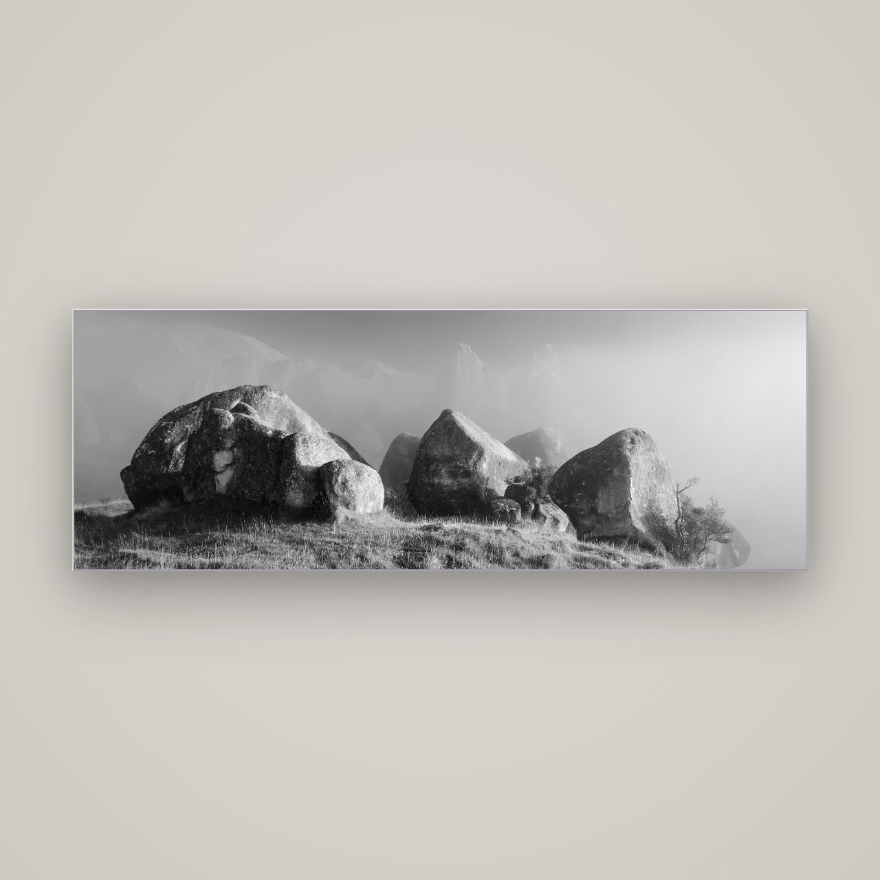 Sentinels in the Mist, Castle Hill — Slimline Silver, 170×60 cm. New Zealand fine art wall art by Stephen Milner.