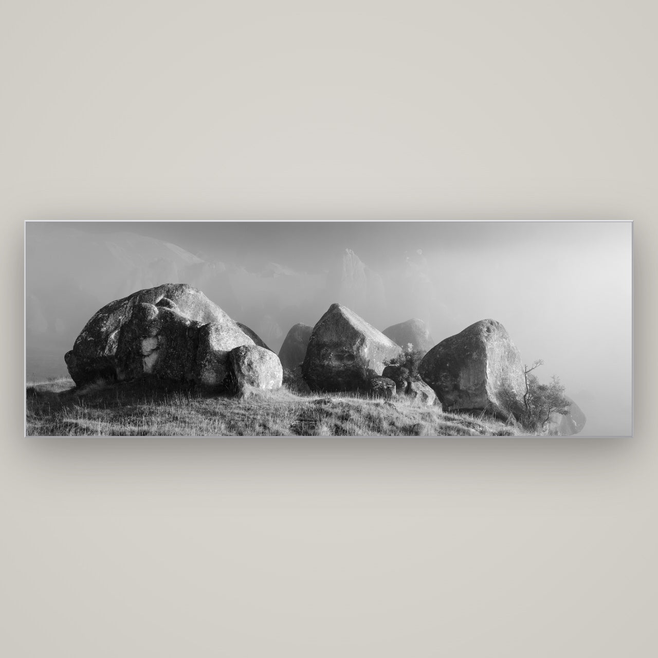 Sentinels in the Mist, Castle Hill — Slimline Silver, 198×70 cm. New Zealand fine art wall art by Stephen Milner.