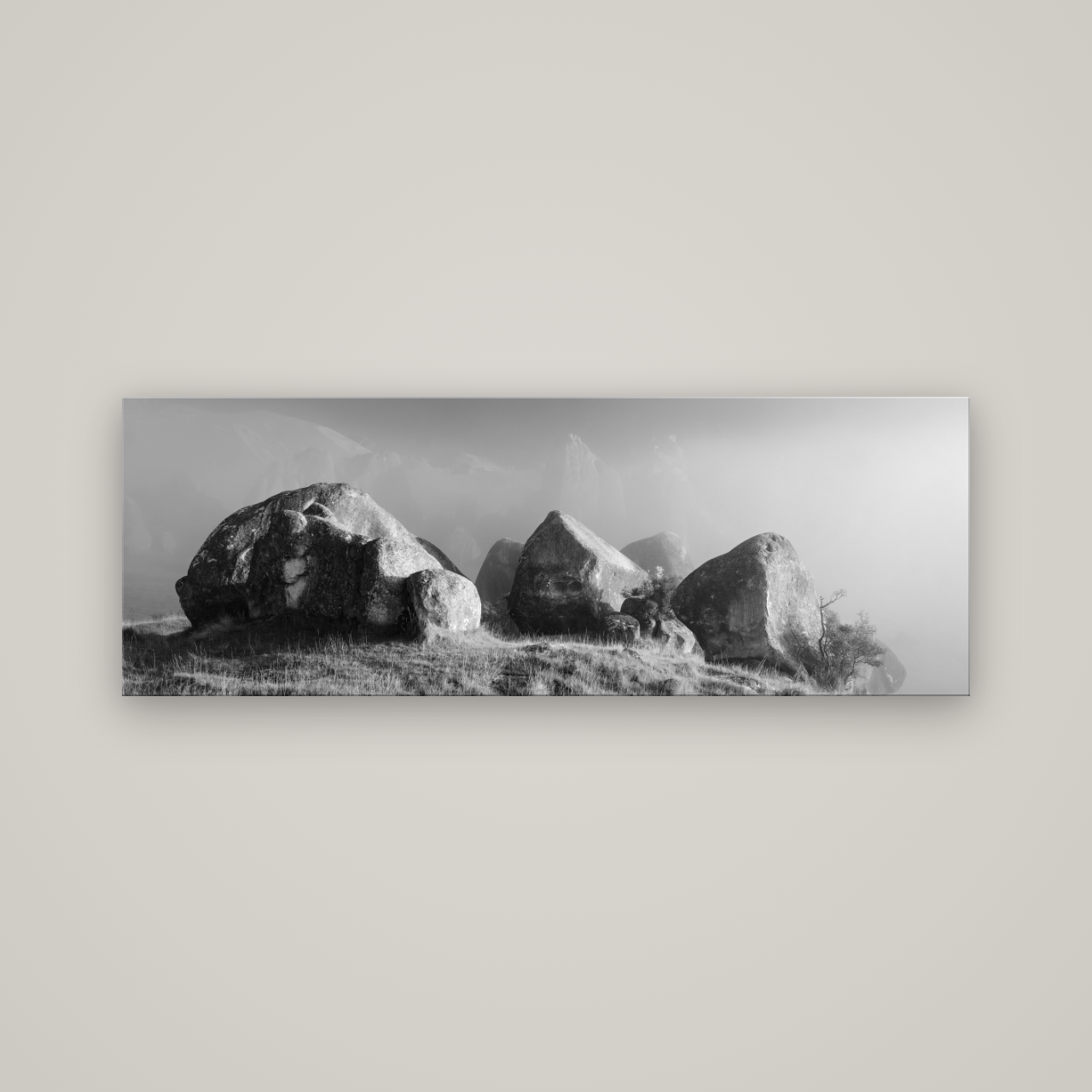 Sentinels in the Mist, Castle Hill — No frame, 170×60 cm. New Zealand fine art wall art by Stephen Milner.