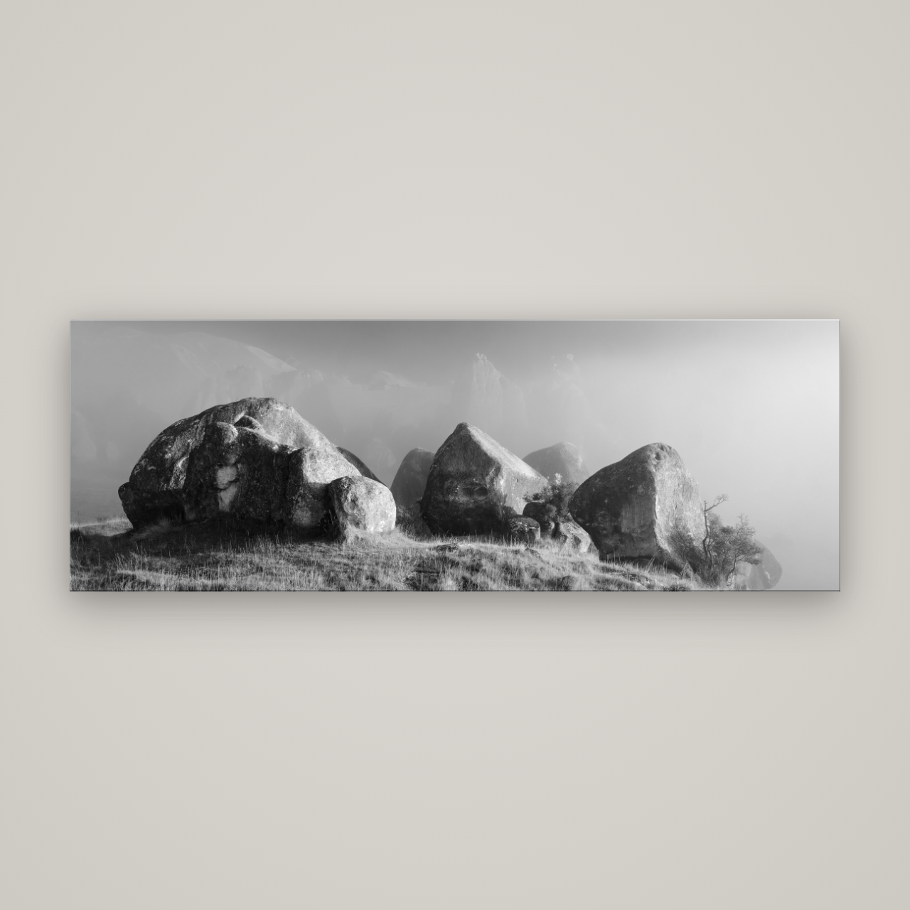 Sentinels in the Mist, Castle Hill — No frame, 198×70 cm. New Zealand fine art wall art by Stephen Milner.