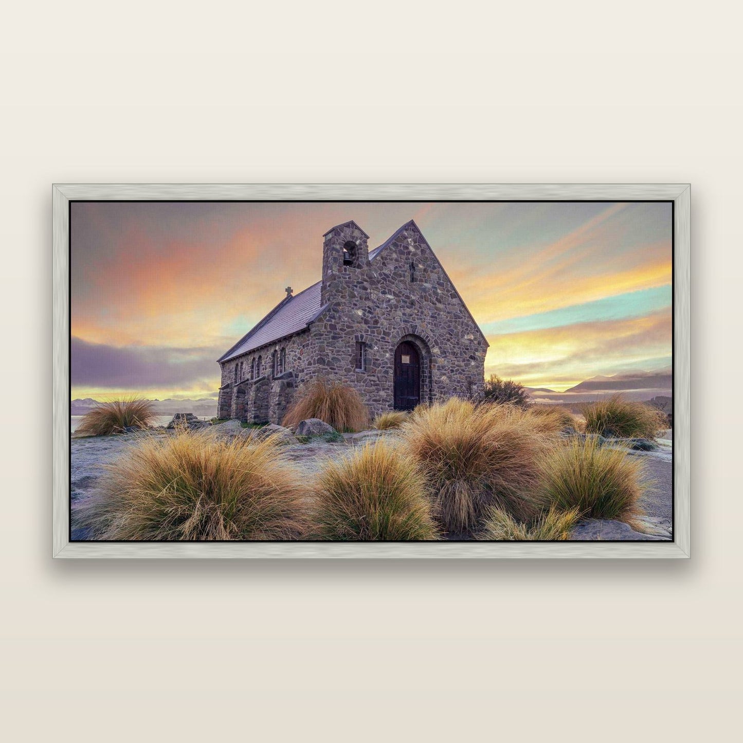 Shepherd's Delight, Lake Takapō — framed metallic canvas print, Antique Silver frame. New Zealand fine art landscape wall art by Stephen Milner.