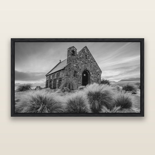 Shepherd's Delight, Lake Takapō, black and white framed metallic canvas print, Black frame. New Zealand fine art wall art by Stephen Milner.