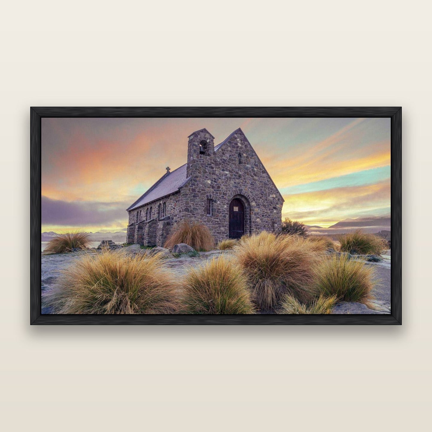 Shepherd's Delight, Lake Takapō — framed metallic canvas print, Black frame. New Zealand fine art landscape wall art by Stephen Milner.