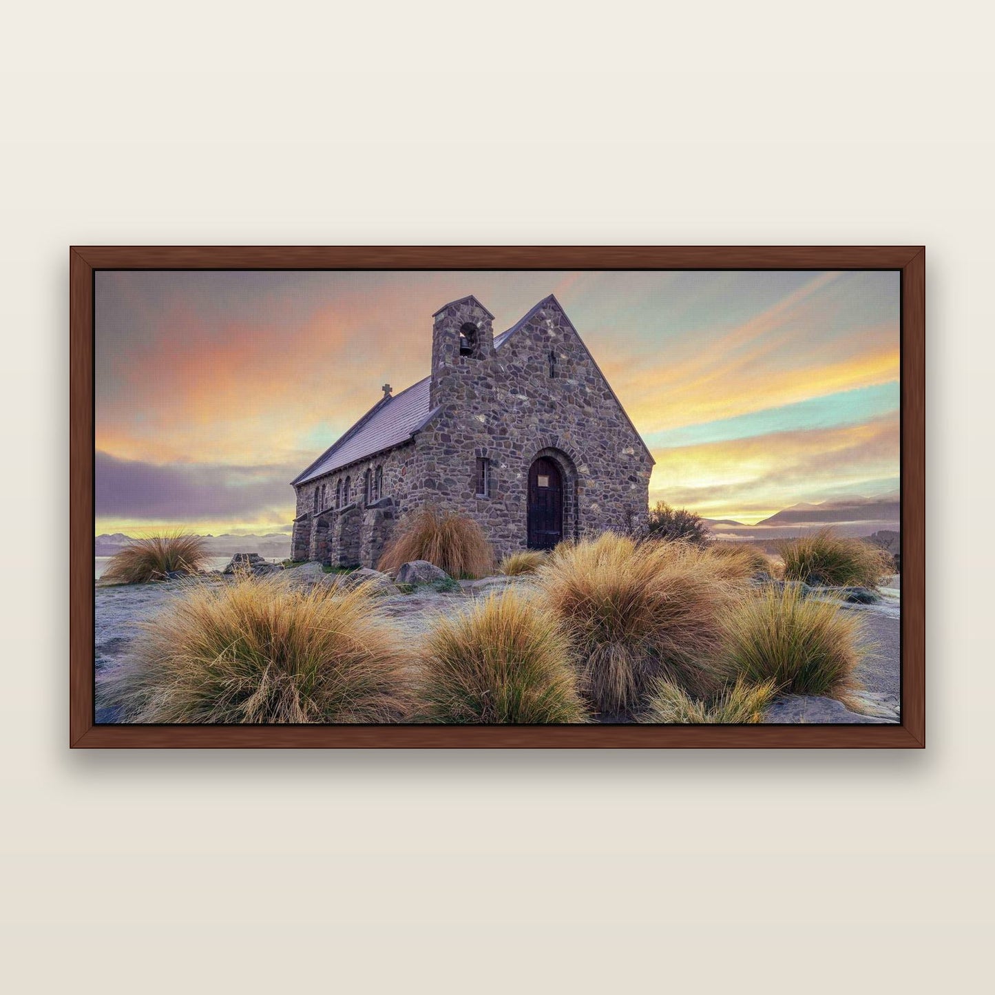 Shepherd's Delight, Lake Takapō — framed metallic canvas print, Brown frame. New Zealand fine art landscape wall art by Stephen Milner.