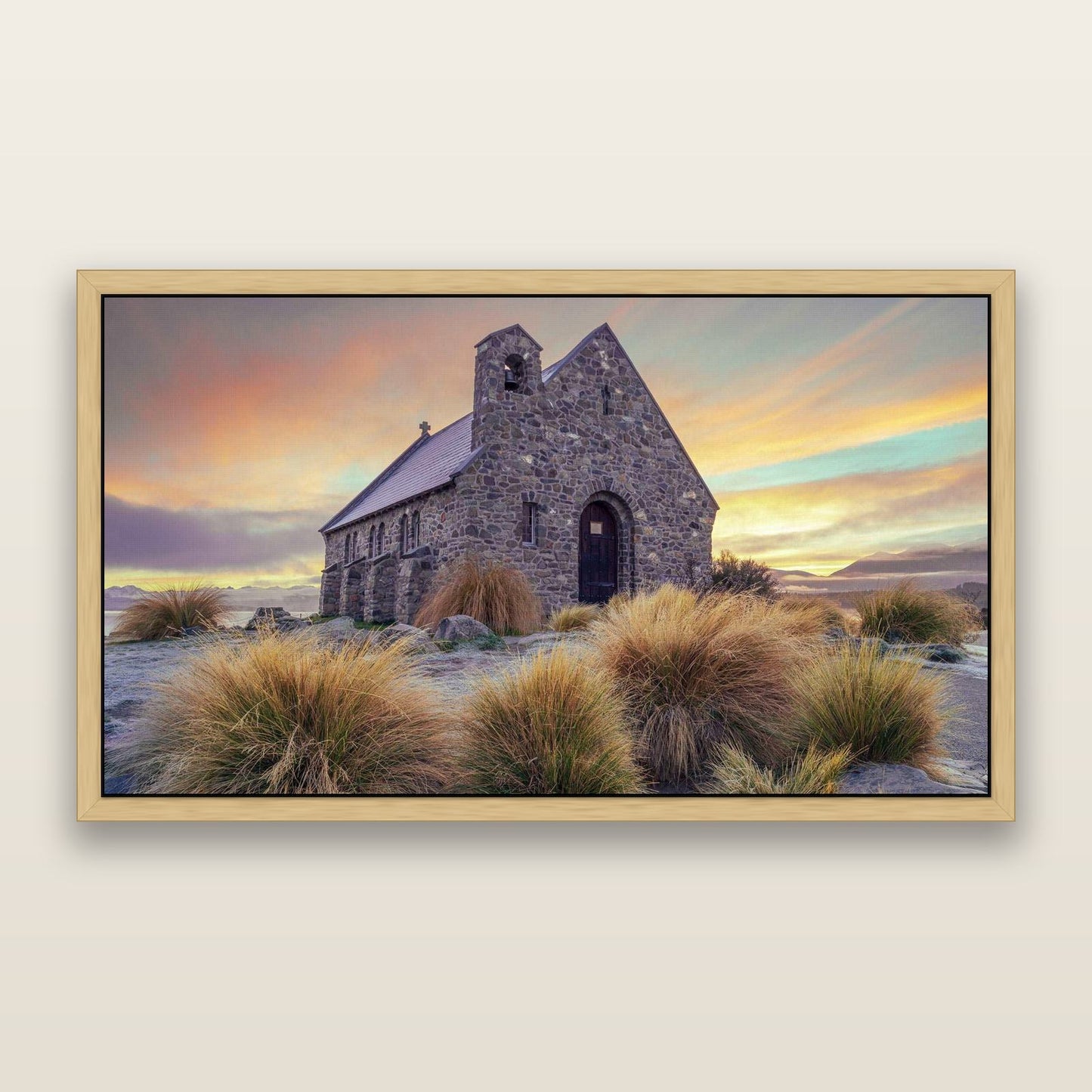 Shepherd's Delight, Lake Takapō — framed metallic canvas print, Natural frame. New Zealand fine art landscape wall art by Stephen Milner.