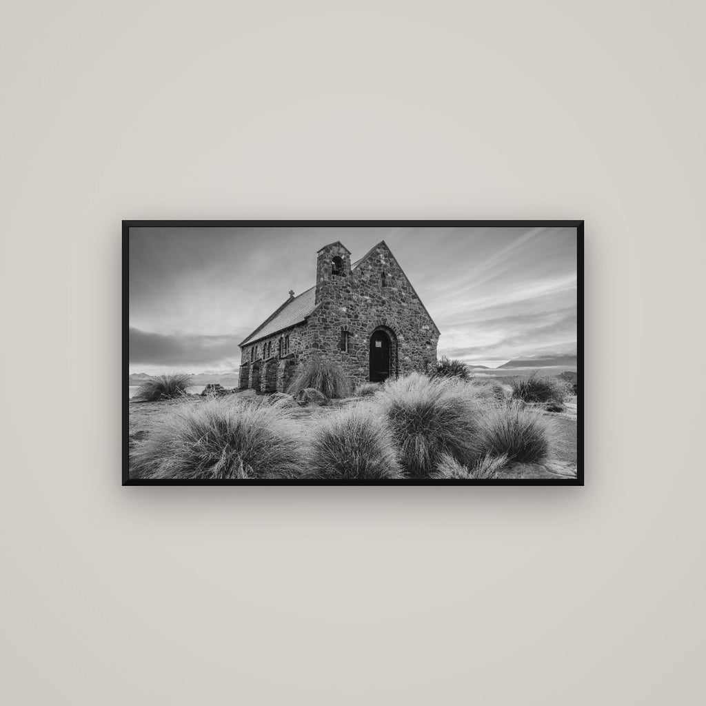 Shepherd's Delight, Lake Takapō — Basel Black Matte, 107×60 cm. New Zealand fine art wall art by Stephen Milner.