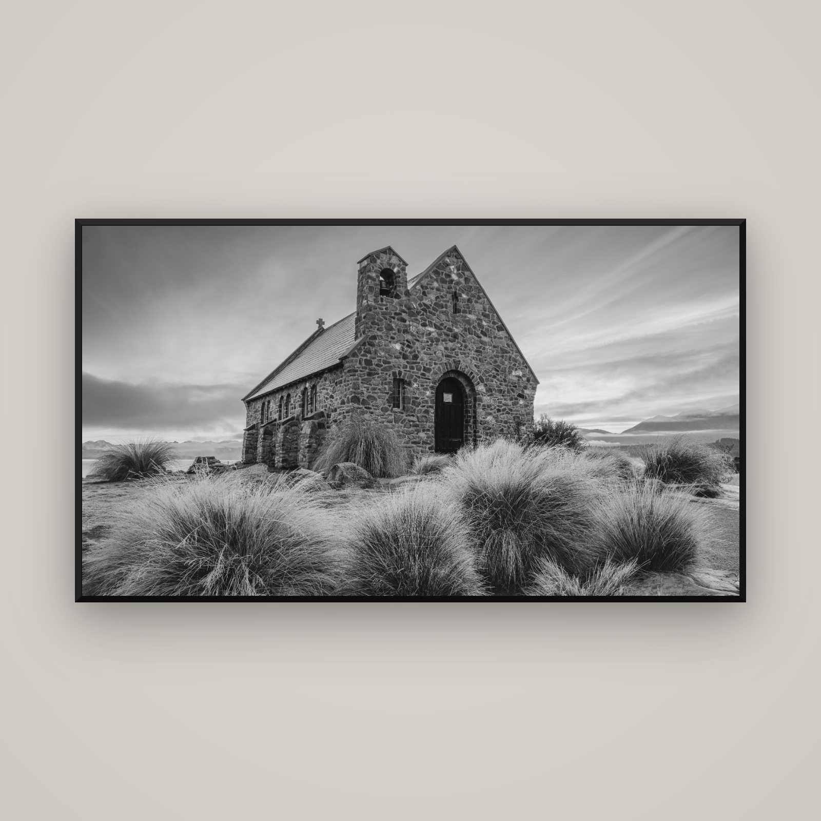 Shepherd's Delight, Lake Takapō — Basel Black Matte, 160×90 cm. New Zealand fine art wall art by Stephen Milner.