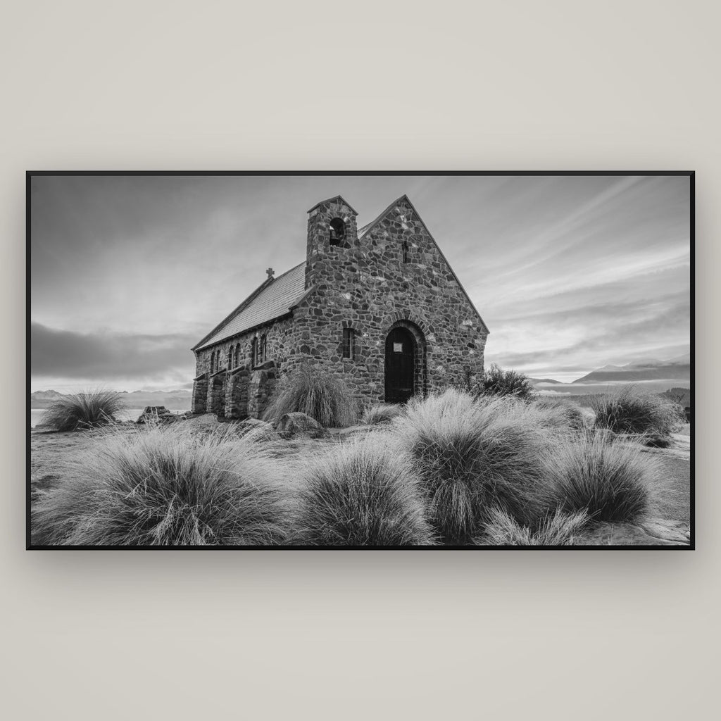 Shepherd's Delight, Lake Takapō — Basel Black Matte, 196×110 cm. New Zealand fine art wall art by Stephen Milner.