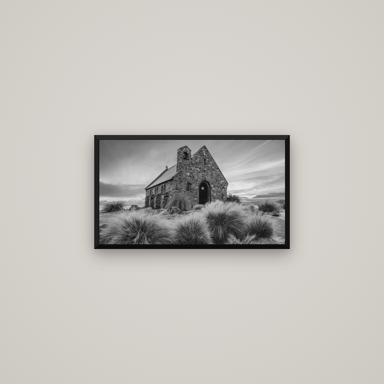 Shepherd's Delight, Lake Takapō — Basel Black Matte, 64×36 cm. New Zealand fine art wall art by Stephen Milner.